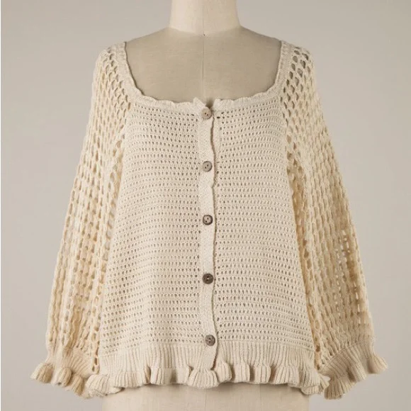 Cream Crochet Button-Front Women's Sweater Cardigan - Picture 2 of 2